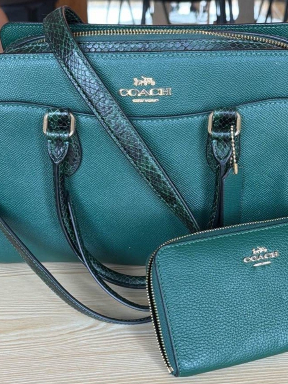 Coach Darcie Carryall Teal Green Pebble Leather Satchel with Zip Wallet